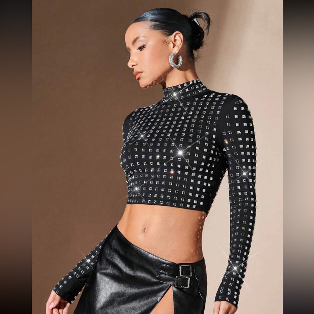 Mock Neck Rhinestone Crop Tee - Picture 5 of 5